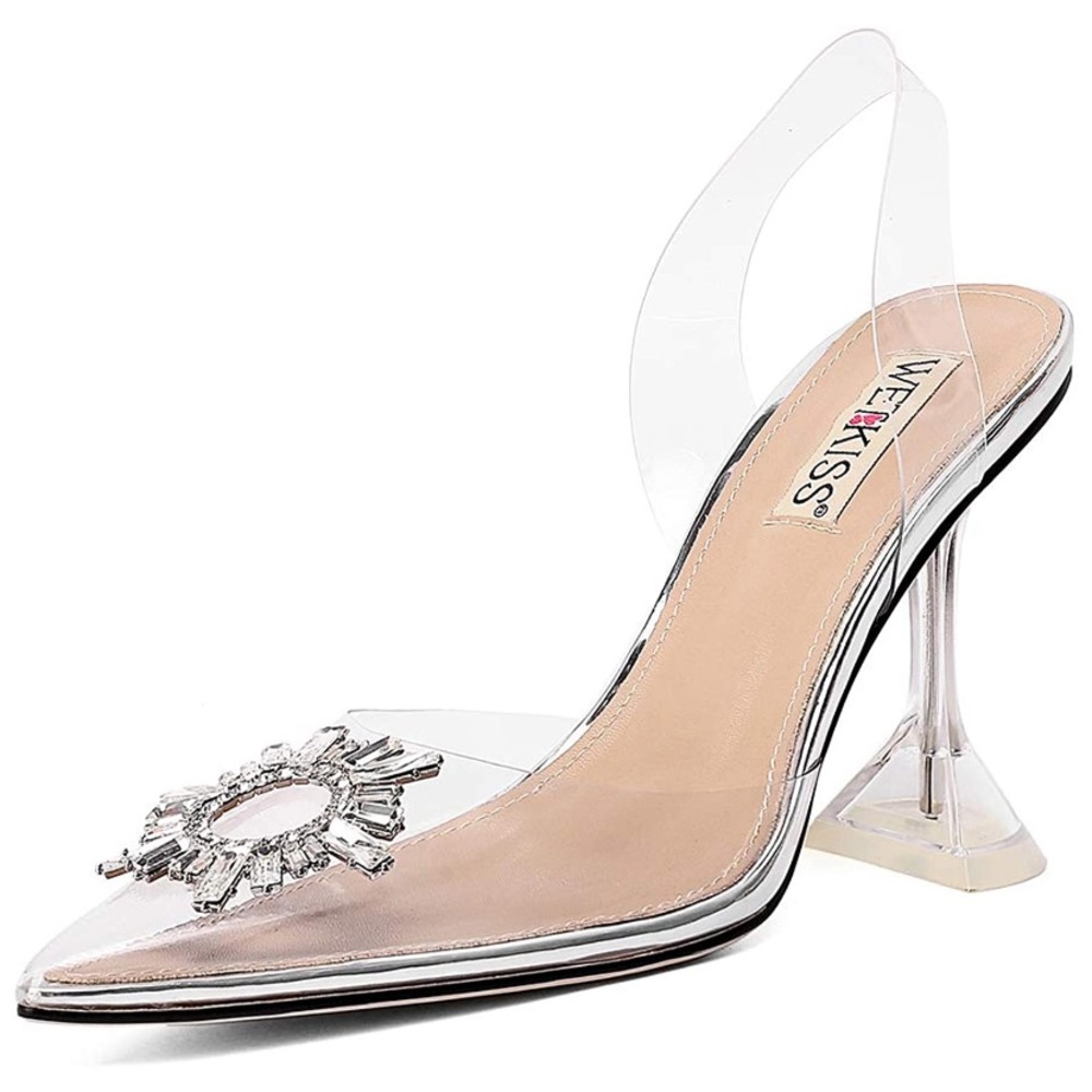 Amina Muaddi lookalike clear pvc rhinestone heel